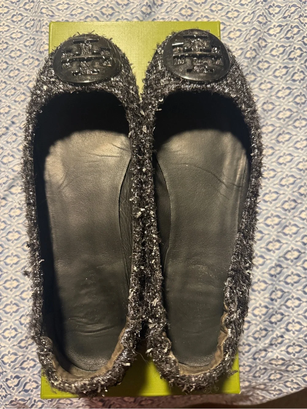 Tory Burch Black Textured Logo Ballet Flats